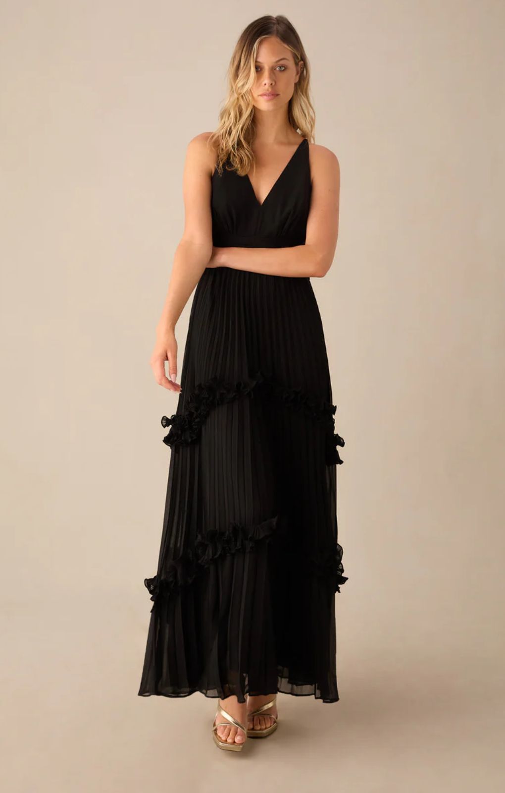 Ro Zo Sienna Black Pleated Frill Maxi Dress