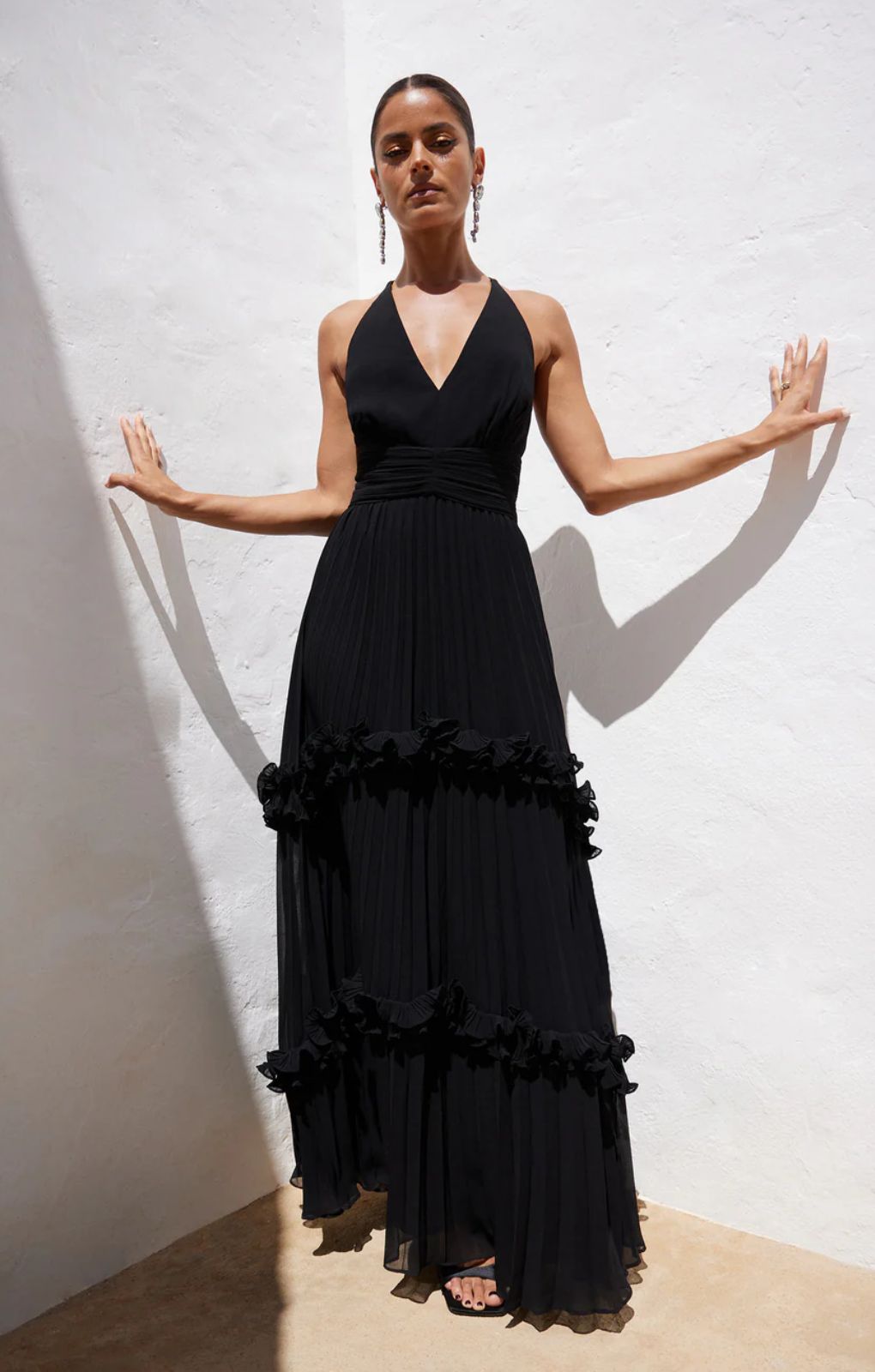 Ro&Zo Sienna Black Pleated Frill Maxi Dress