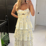 Self-Portrait Metallic Jacquard Tiered Midi Dress in Yellow