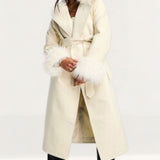 Threadbare Blair Formal Maxi Coat With Tie Waist And Faux Fur Trims In White