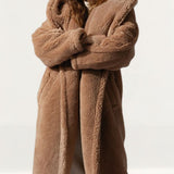 Topshop Hooded Borg Coat In Camel