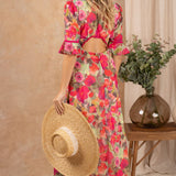 Hope & Ivy Isla Red Floral Split Maxi Dress