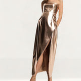 Amy Lynn Lupe Bandeau Maxi Dress With Thigh High Split In Rose Gold