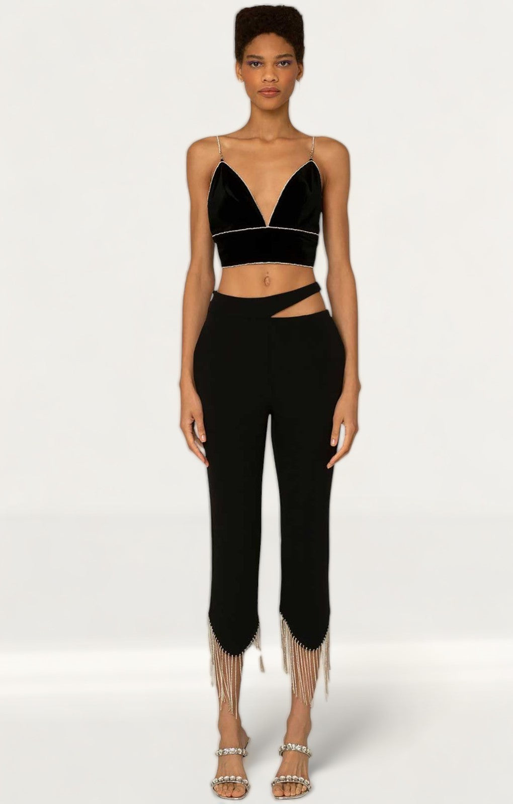 Amy Lynn Marcella Diamante Crop Top & Prince Diamante Fringe Trousers