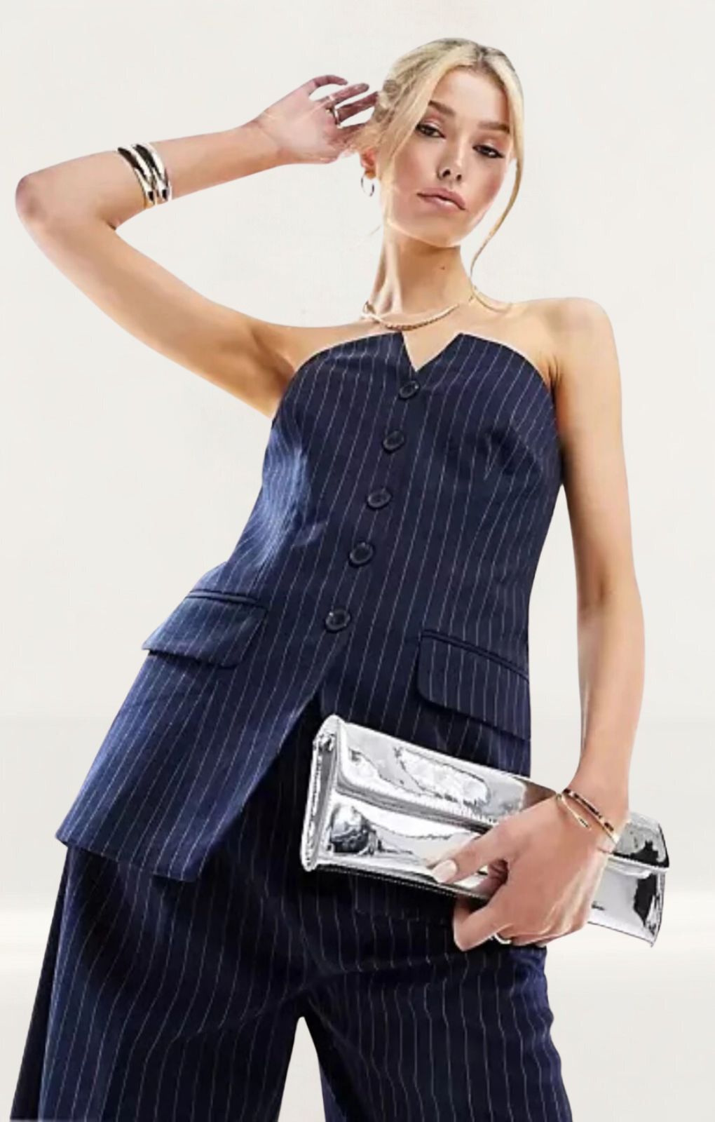 Asos Design Bandeau Tailored Co-ord Top in Navy Pinstripe