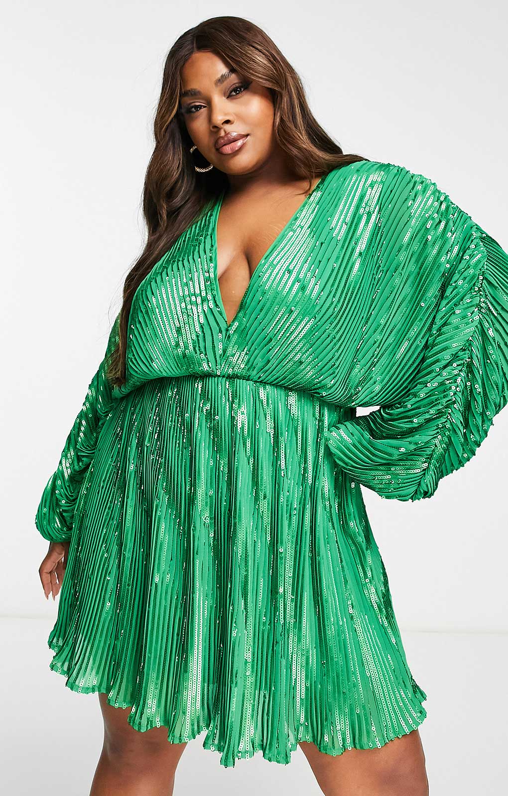 Rent Asos Design Curve Embellishment Mini Dress With Blouson Sleeve In Green Hirestreet