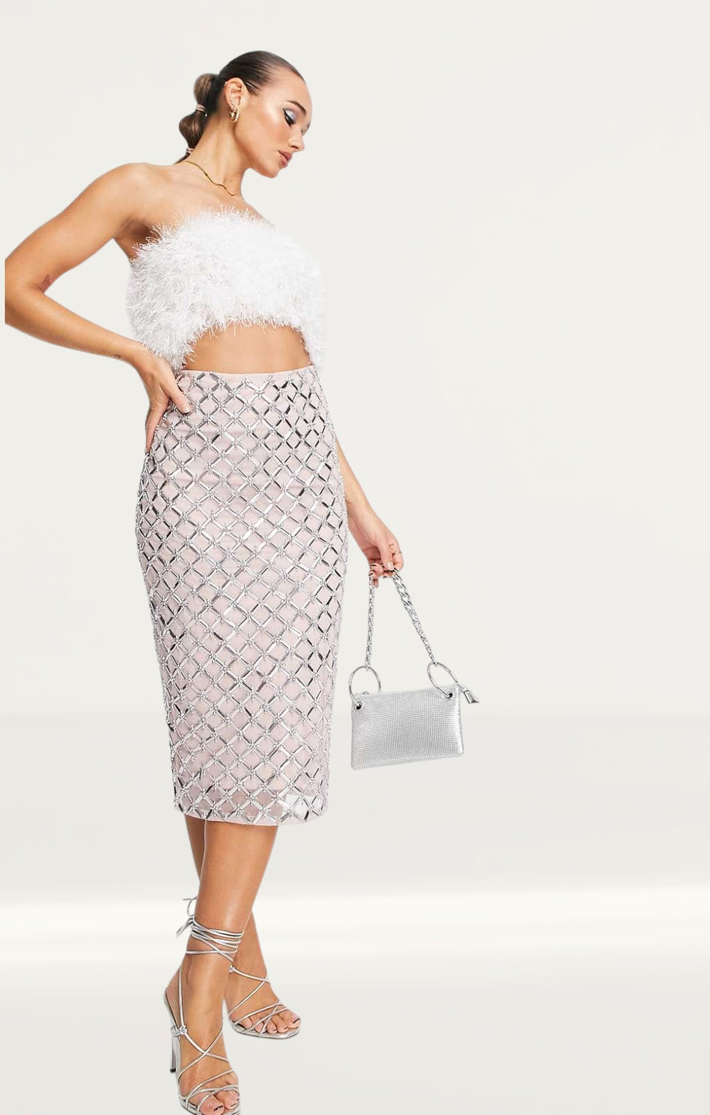 Rent Asos Design Faux Feather Embellished Sequin Two Piece Midi Dress In Blush Hirestreet