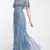 Asos Design Flutter Sleeve Maxi Dress With Trailing Floral Embellishment In Blue