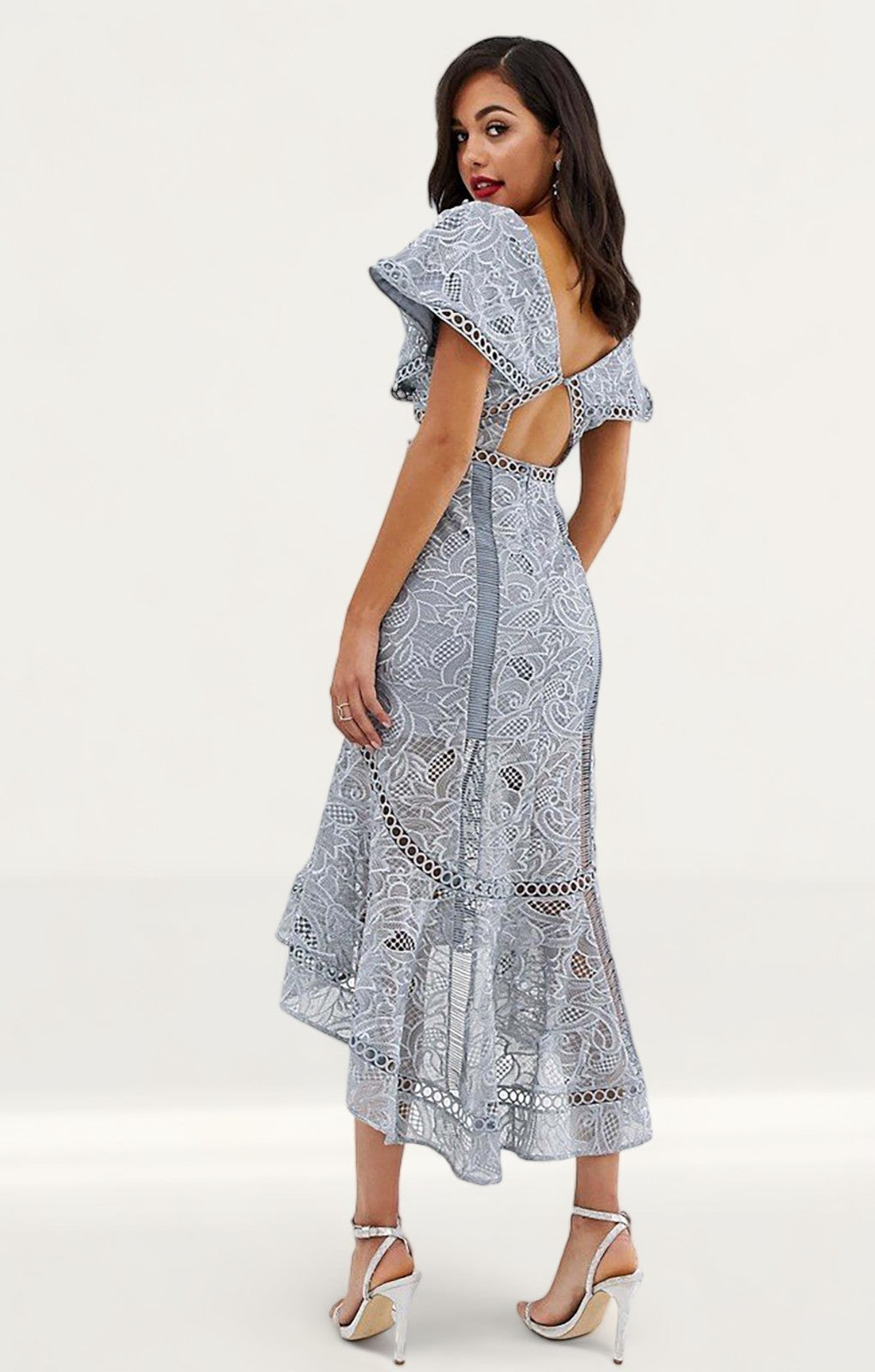 Rent Asos Design Flutter Sleeve Midi Dress In Corded Lace Hirestreet