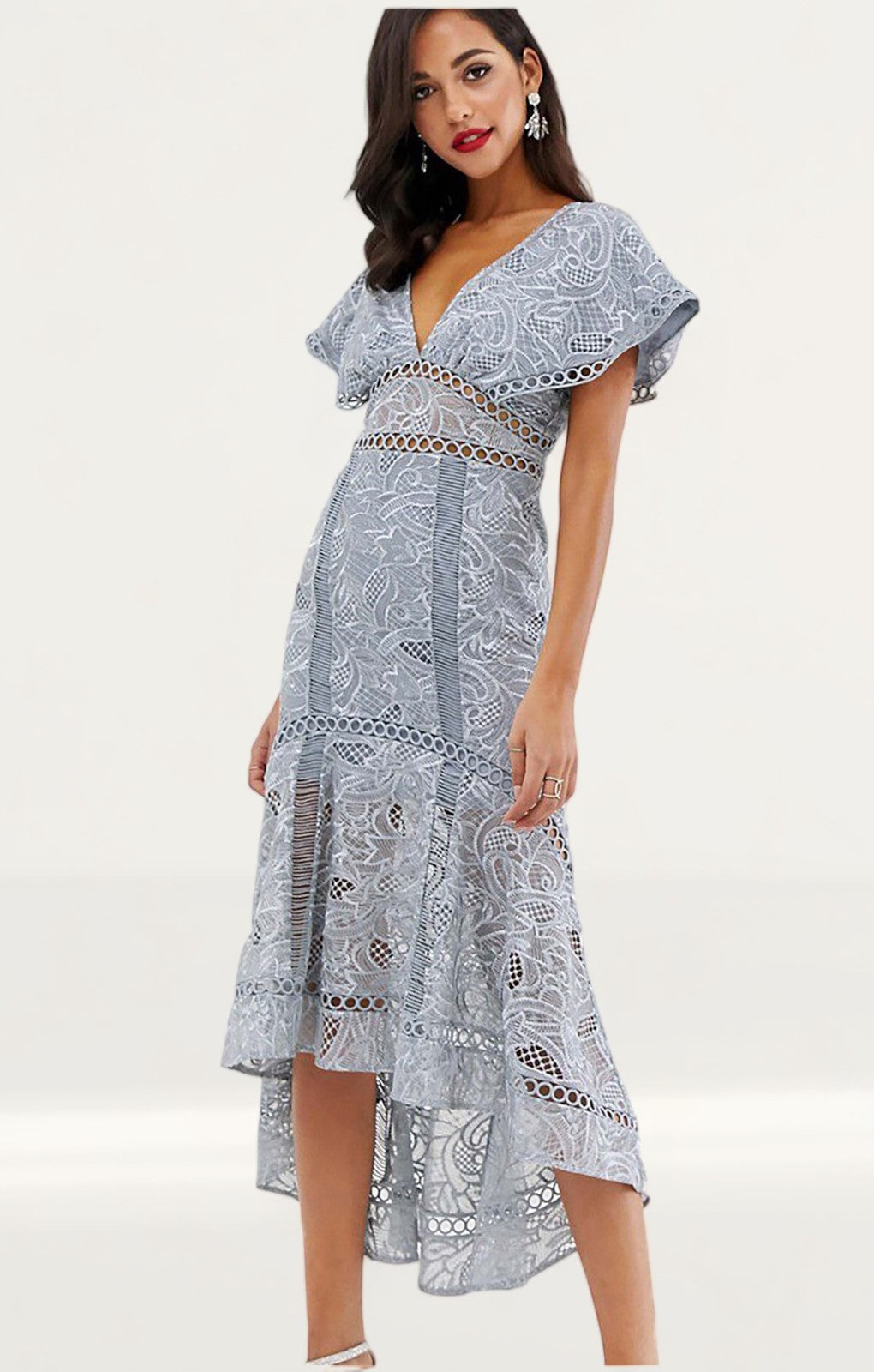 Rent Asos Design Flutter Sleeve Midi Dress In Corded Lace Hirestreet