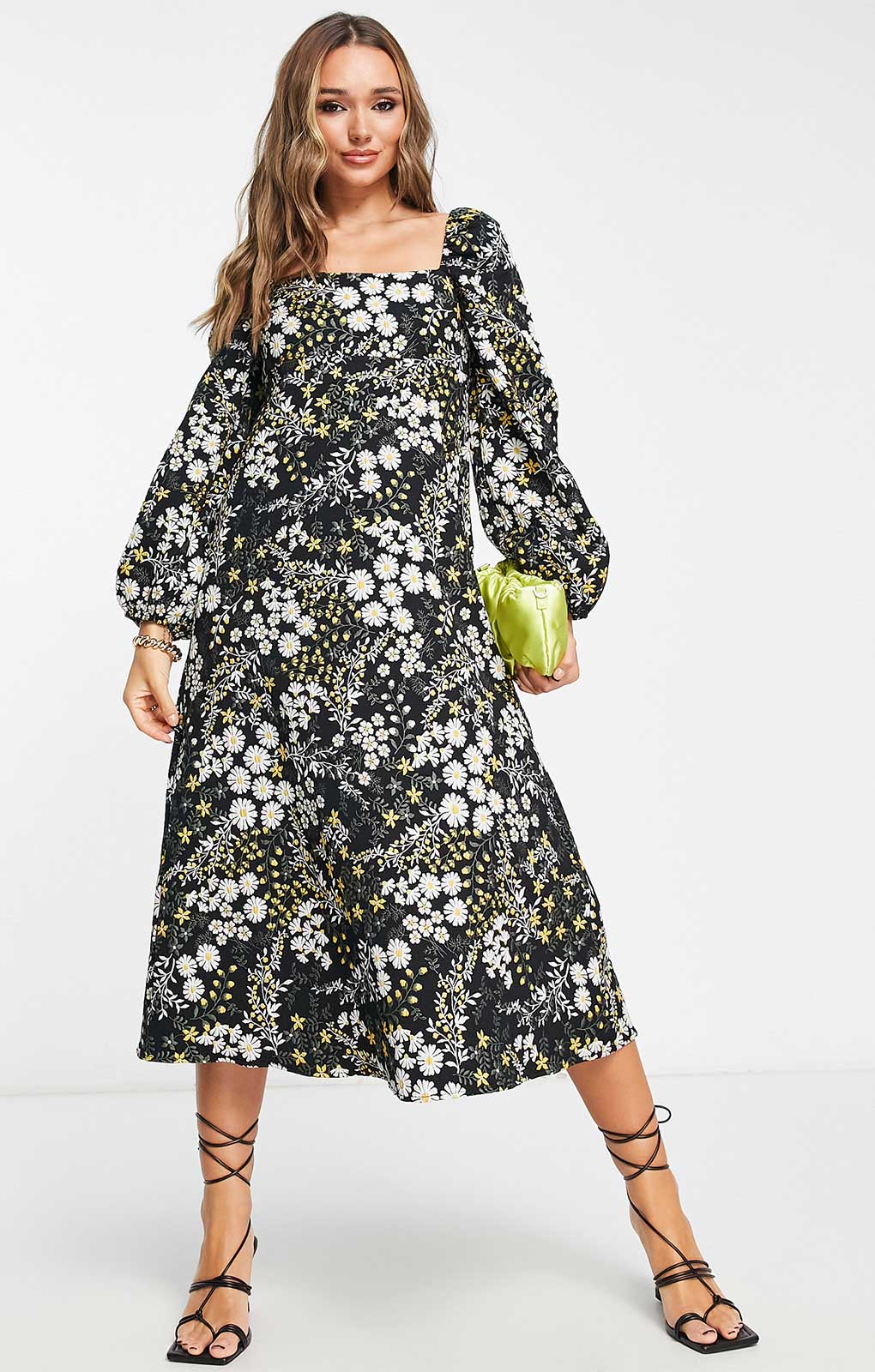Asos Design Jacquard Puff Sleeve Midi Dress In Dark Floral