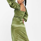 Asos Design Long Sleeve Knot High Split Satin Midi Dress In Olive Green