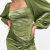 Asos Design Long Sleeve Knot High Split Satin Midi Dress In Olive Green