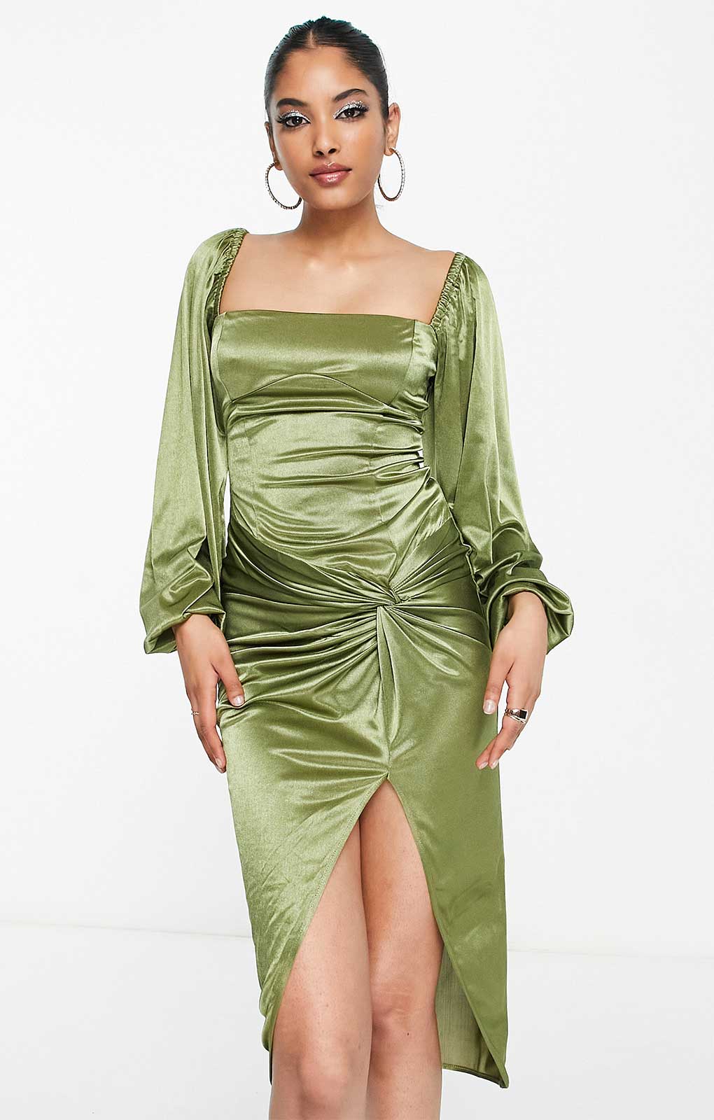 Asos Design Long Sleeve Knot High Split Satin Midi Dress In Olive Green