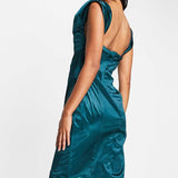 Asos Design Off Shoulder Bardot Boned Tuck Midi Dress In Structured Satin Teal