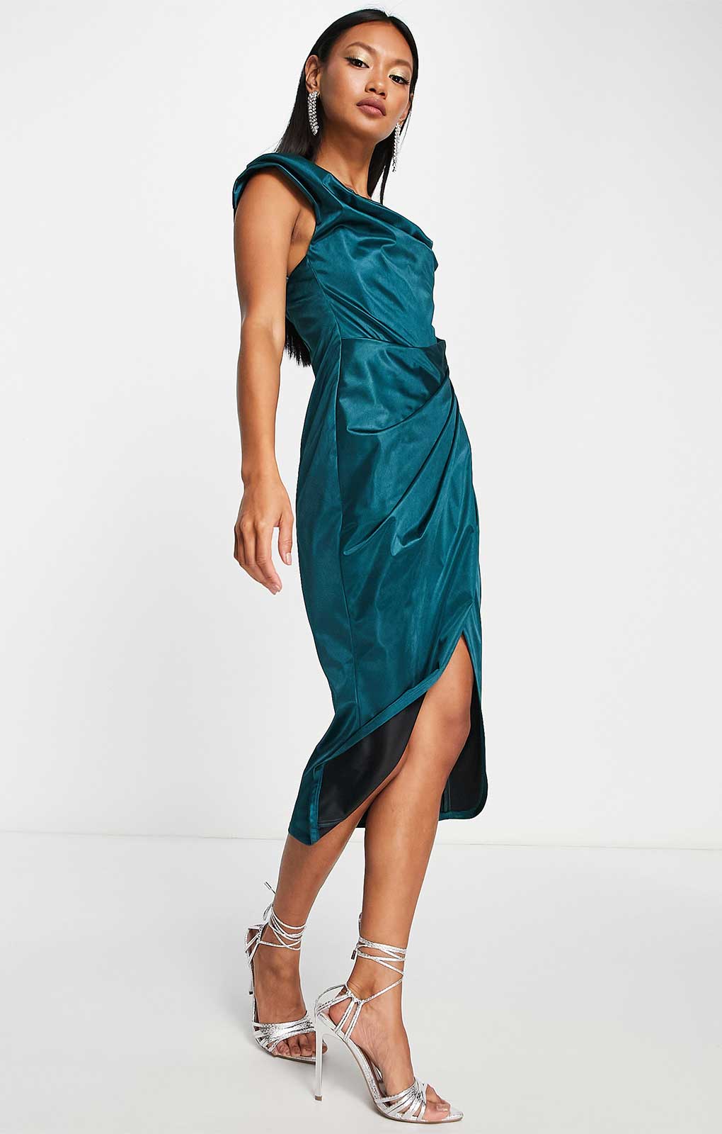 Asos Design Off Shoulder Bardot Boned Tuck Midi Dress In Structured Satin Teal