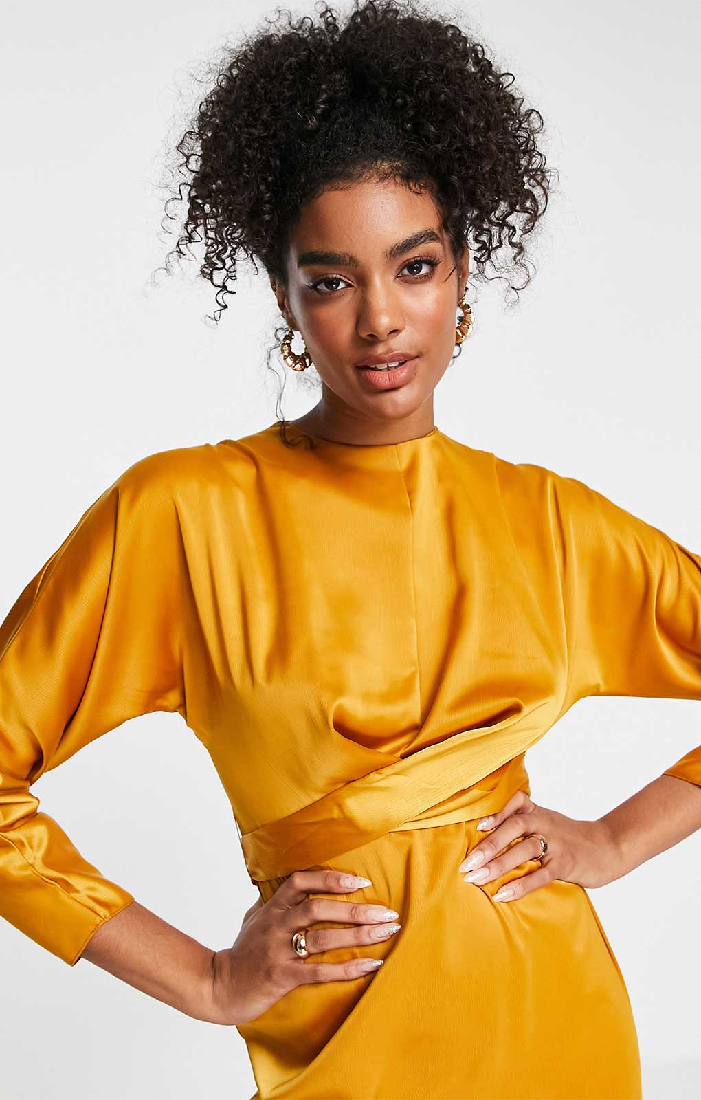 Rent Asos Design Satin Maxi Dress With Batwing Sleeve And Wrap Waist In Mustard Yellow Hirestreet