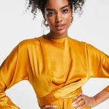 Asos Design Satin Maxi Dress With Batwing Sleeve And Wrap Waist In Mustard Yellow