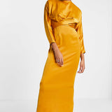 Asos Design Satin Maxi Dress With Batwing Sleeve And Wrap Waist In Mustard Yellow