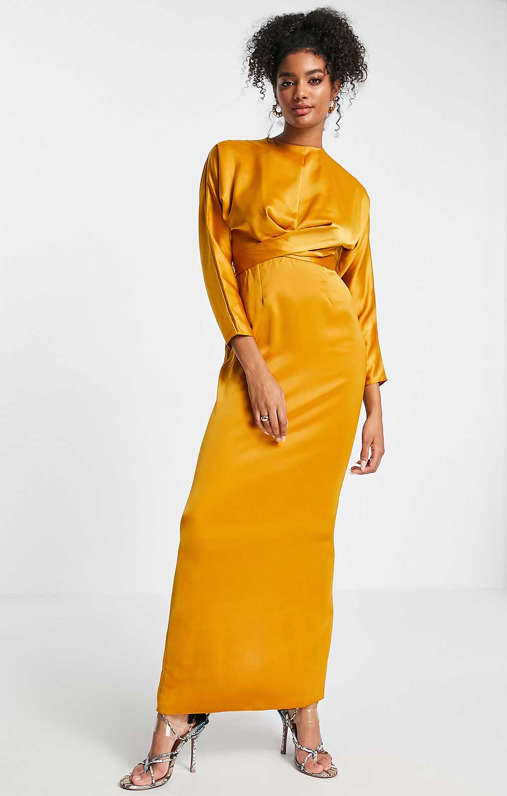 Asos Design Satin Maxi Dress With Batwing Sleeve And Wrap Waist In Mustard Yellow