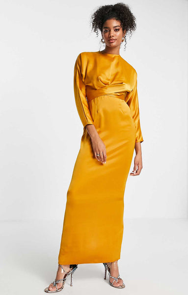 Rent Asos Design Satin Maxi Dress With Batwing Sleeve And Wrap Waist In Mustard Yellow Hirestreet