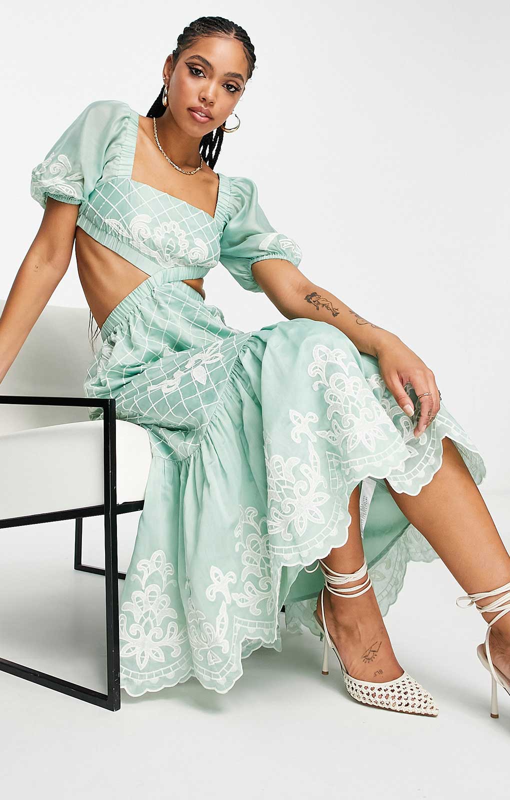 Asos Design Soft Midi Dress With Embrodiery Detail In Sage