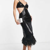 Asos Design Strappy Sequin Maxi Dress With Faux Feather Hem Detail In Black