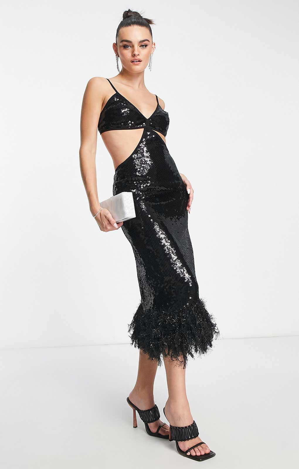 Asos Design Strappy Sequin Maxi Dress With Faux Feather Hem Detail In Black