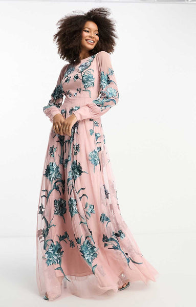 Rent Asos Edition Blouson Sleeve Floral Embroidered Maxi Dress With Open Back In Light Pink Hirestreet