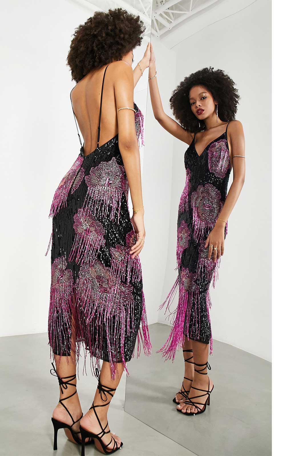 Rent Asos Edition Embellished Cami Midi Dress With Floral Fringe In Black And Pink Hirestreet