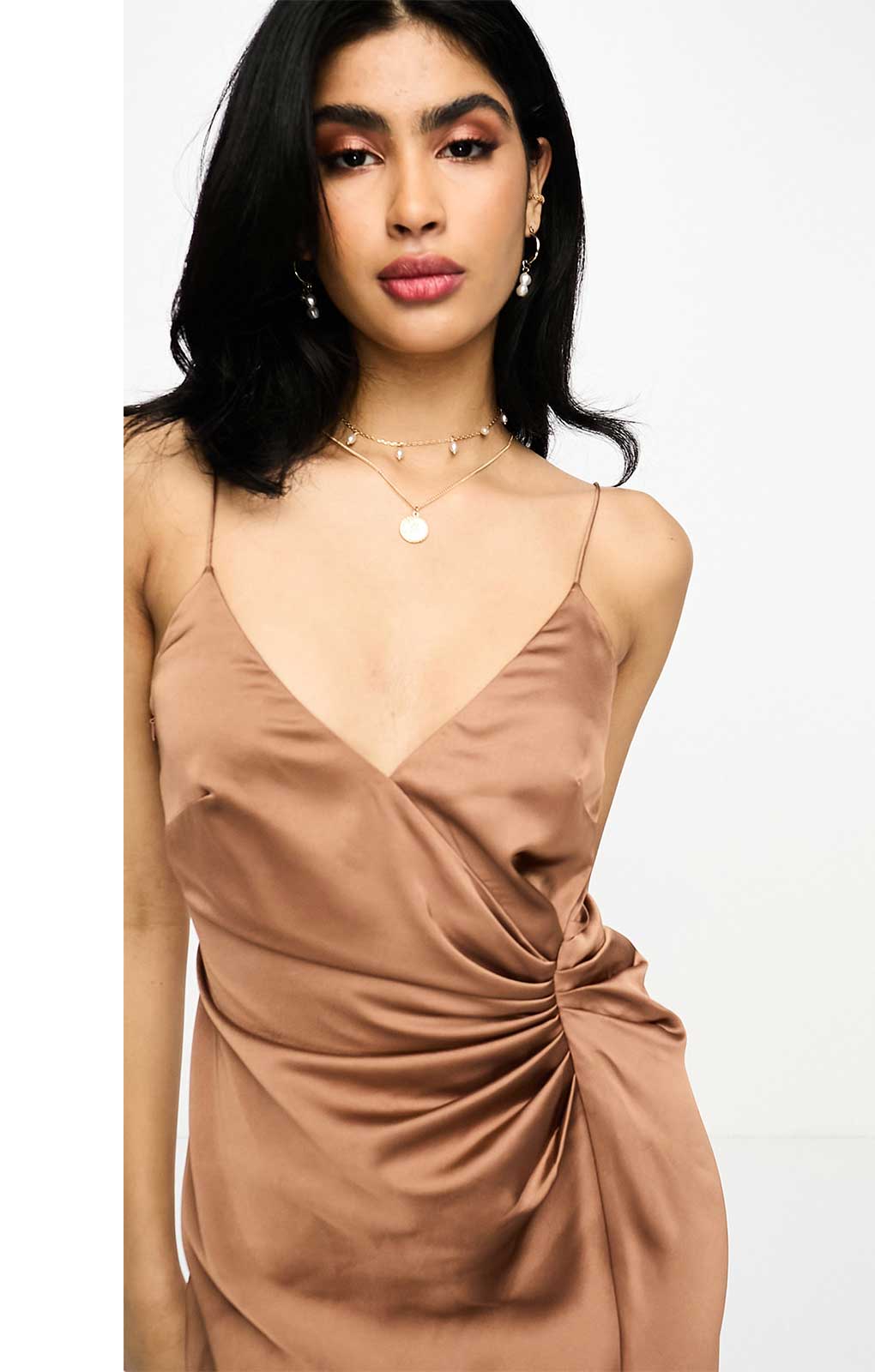 Asos Edition Satin Cami Maxi Dress With Drape Detail In Mocha Brown