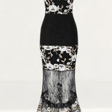 Black Midi Dress With Embroidered Floral Detail