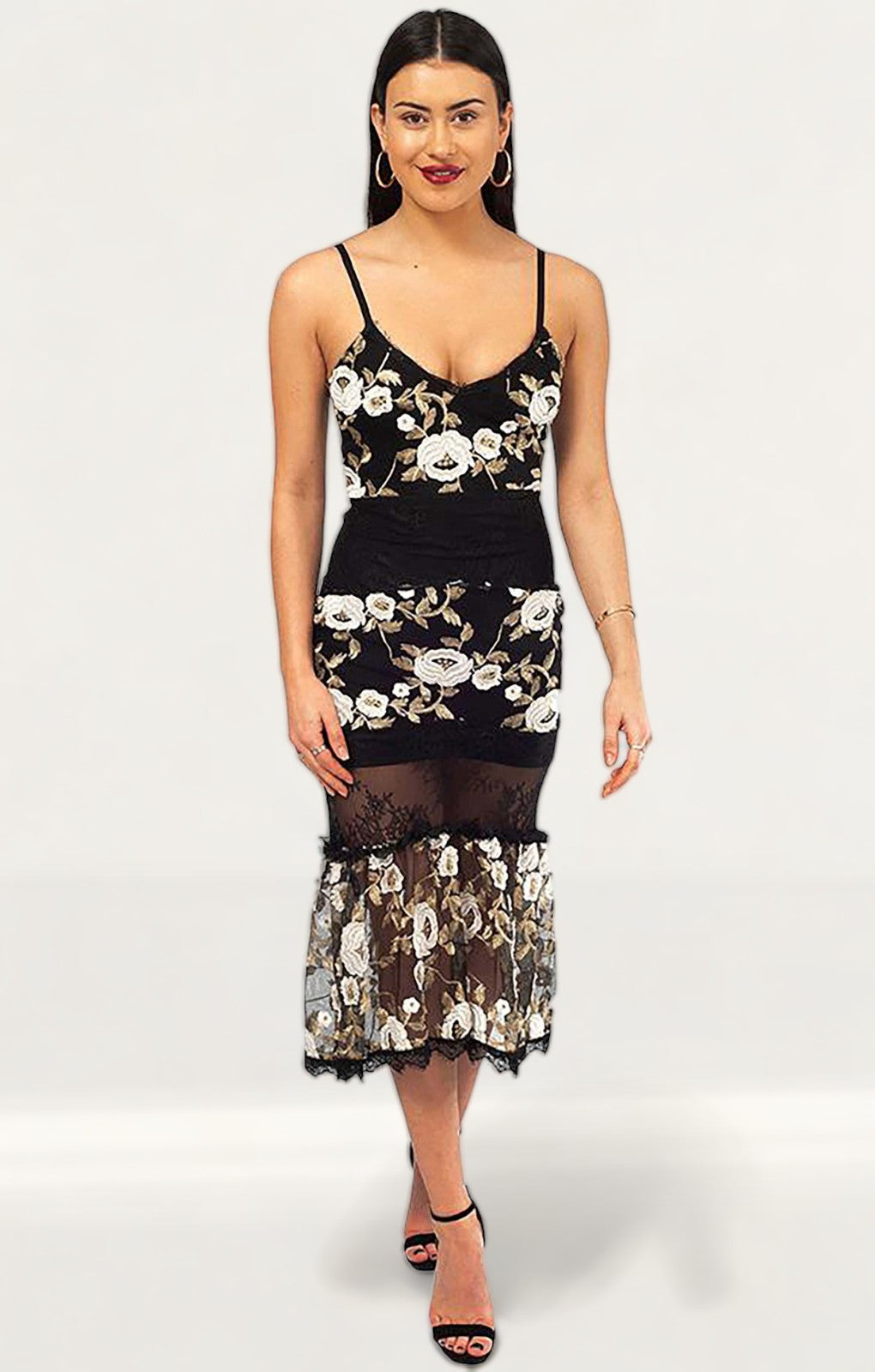 Black Midi Dress With Embroidered Floral Detail