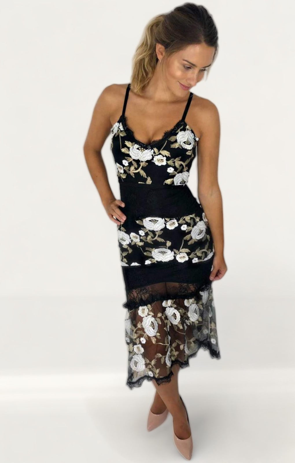 Black Midi Dress With Embroidered Floral Detail