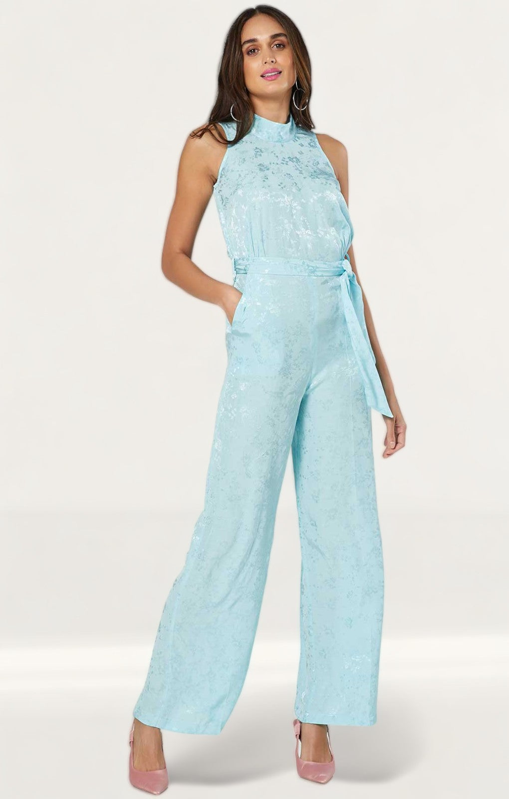 Closet London Blue Jacquard Floral Tie Neck Jumpsuit