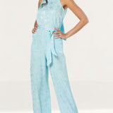 Closet London Blue Jacquard Floral Tie Neck Jumpsuit