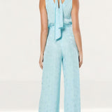 Closet London Blue Jacquard Floral Tie Neck Jumpsuit