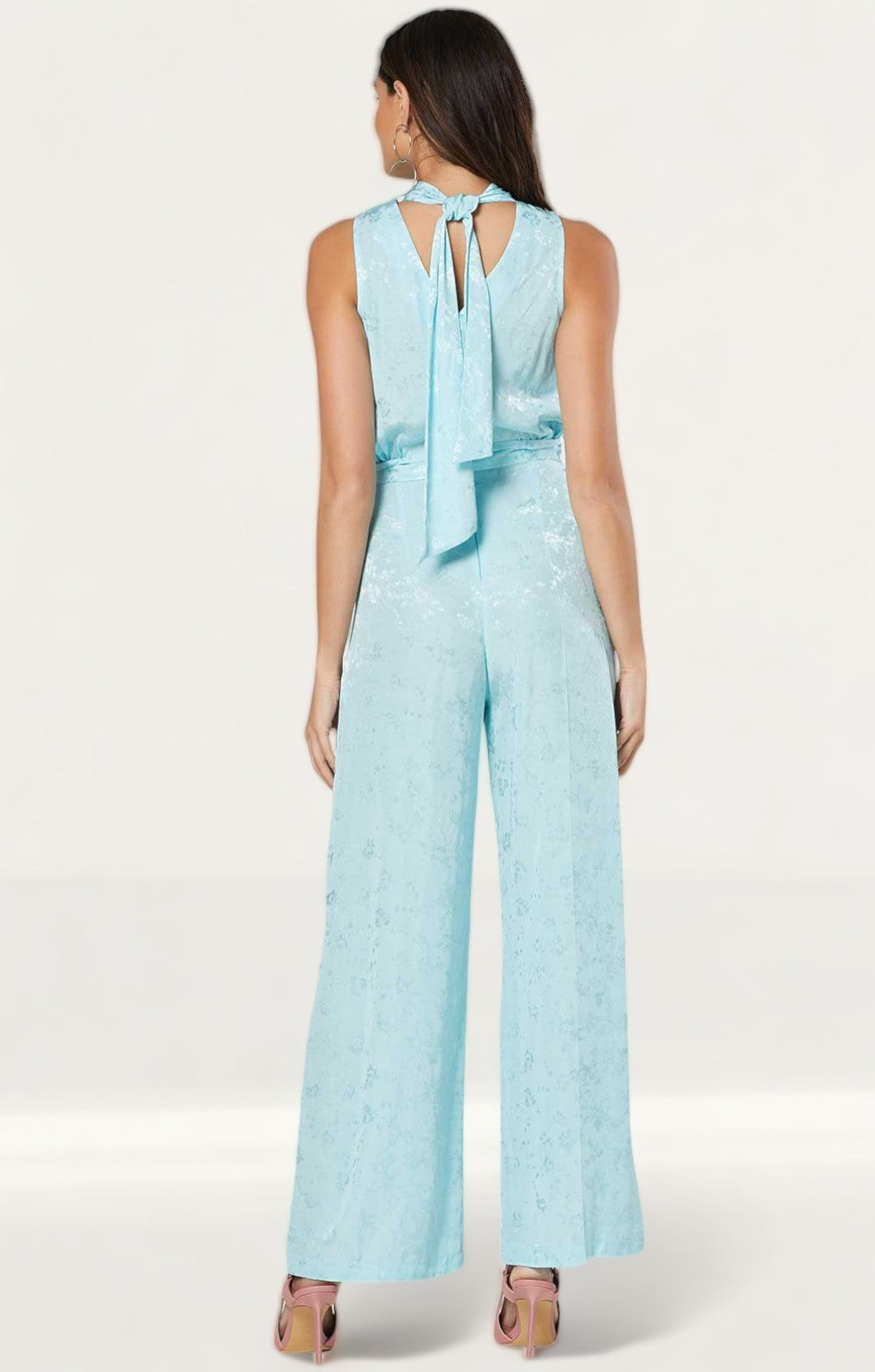 Closet London Blue Jacquard Floral Tie Neck Jumpsuit