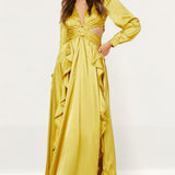 Boohoo Chartreuse Satin Ruffle Plunge Maxi Dress