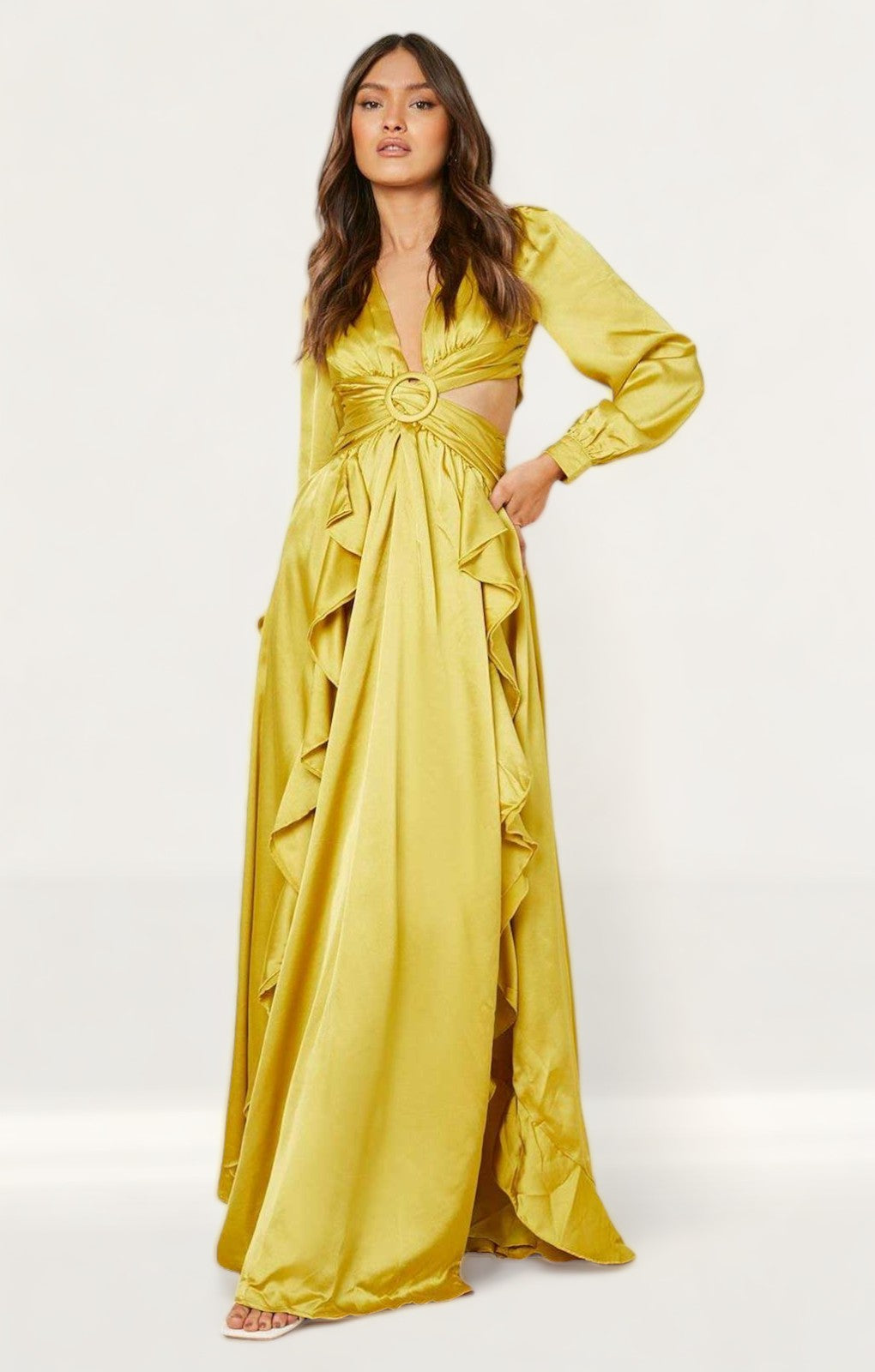 Boohoo Chartreuse Satin Ruffle Plunge Maxi Dress