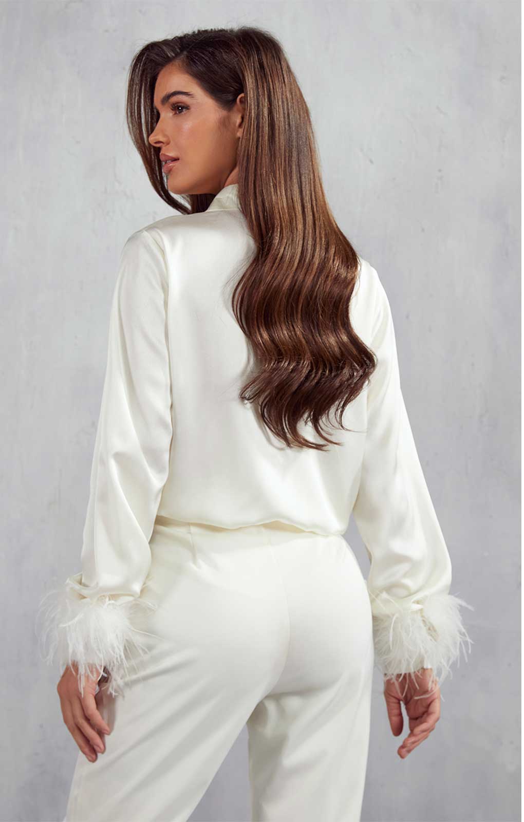 Misspap Ivory Milan Premium Satin Feather Trim Shirt