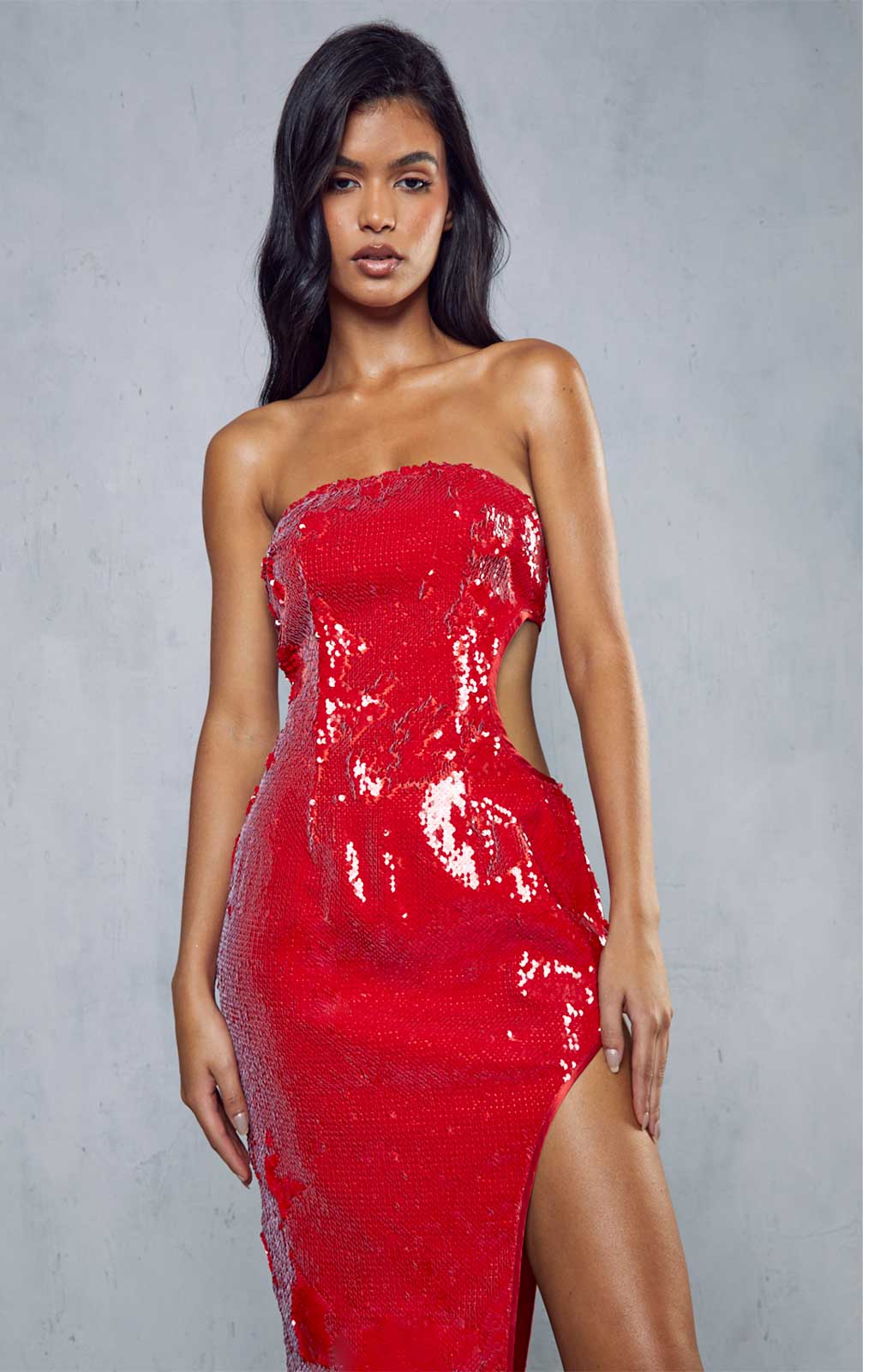 Red sequin shops bandeau dress