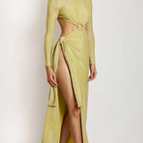 Meshki Green Shimmer Christina Backless Maxi Wrap Dress