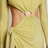 Meshki Green Shimmer Christina Backless Maxi Wrap Dress