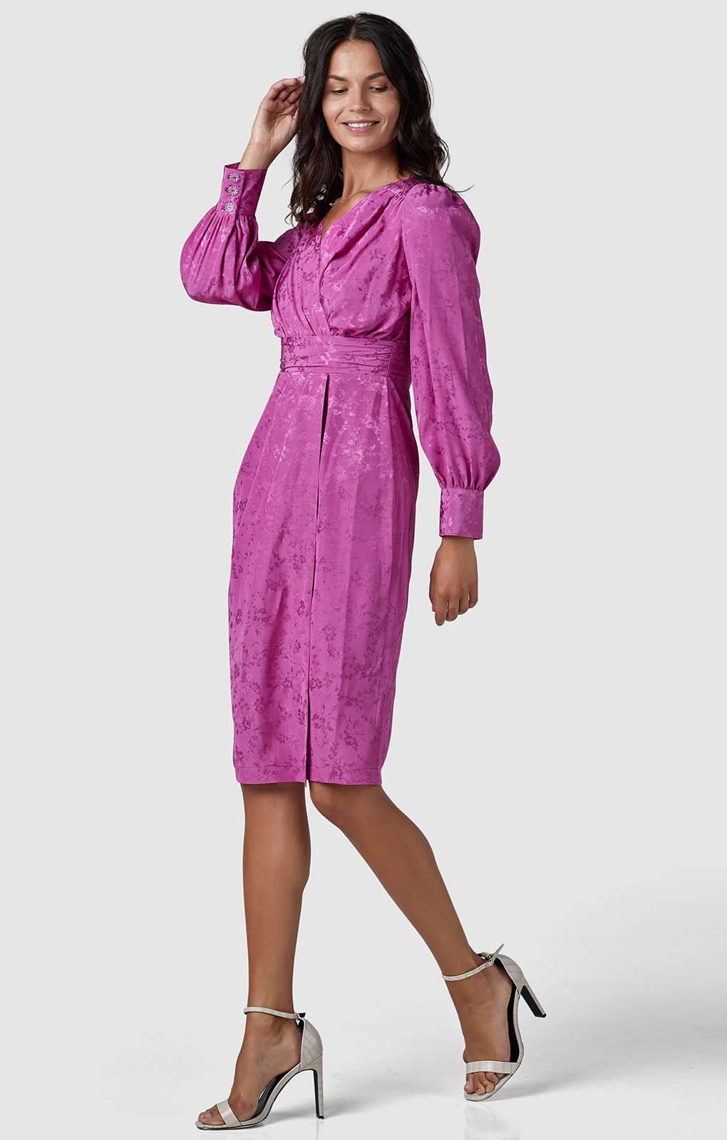 Rent Closet London Pink Floral Jacquard Wrap Pencil Dress