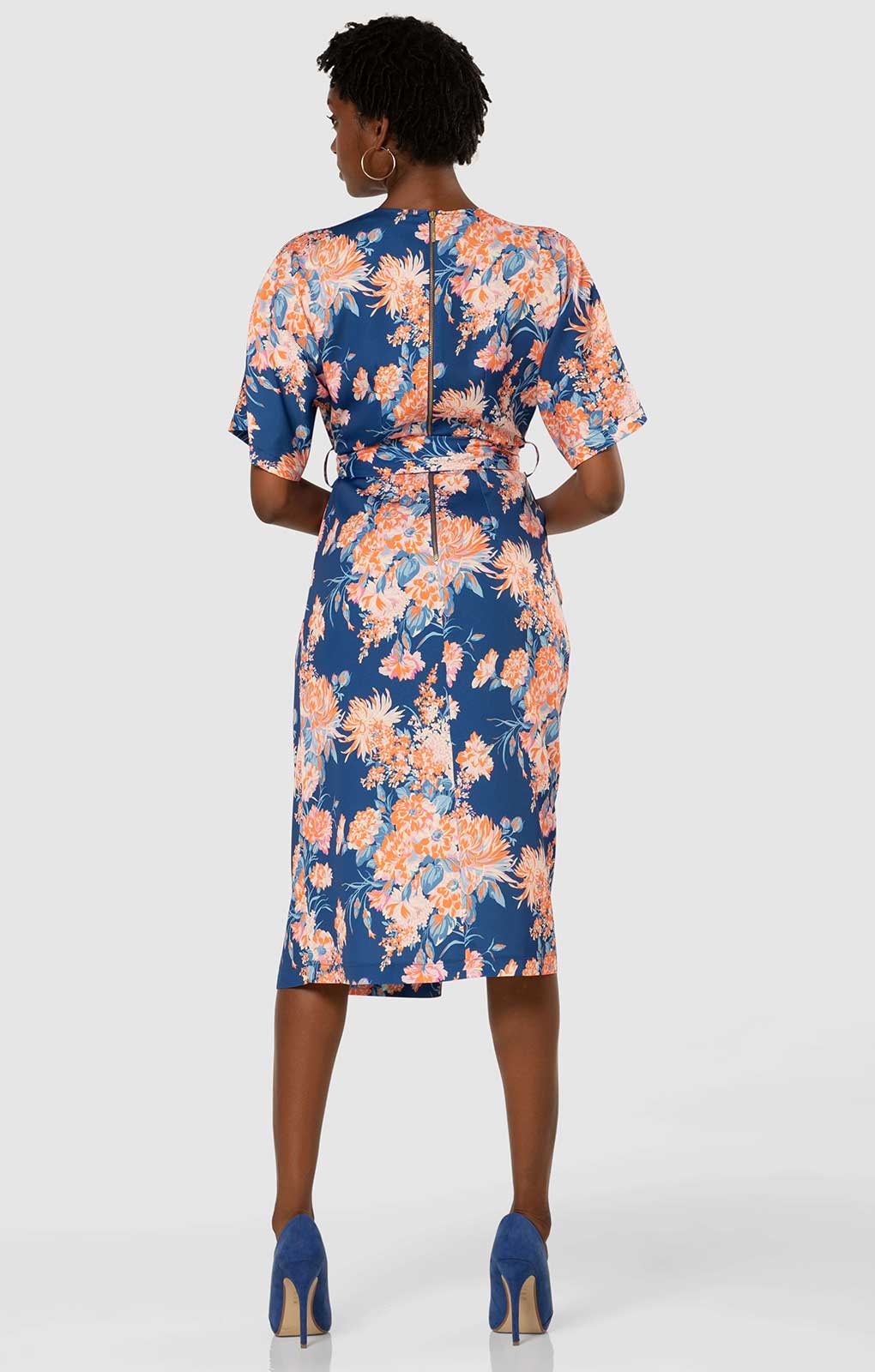 Rent Closet London Royal Blue Floral Print Kimono A line Midi Dress Hirestreet