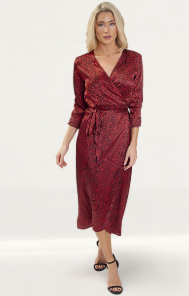 Rent Dancing Leopard Red Wrap Midi Dress Hirestreet