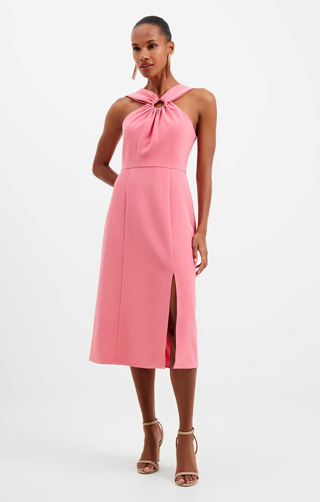 French Connection Eco Crepe Ring Halterneck Dress in Pink