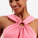 French Connection Eco Crepe Ring Halterneck Dress in Pink