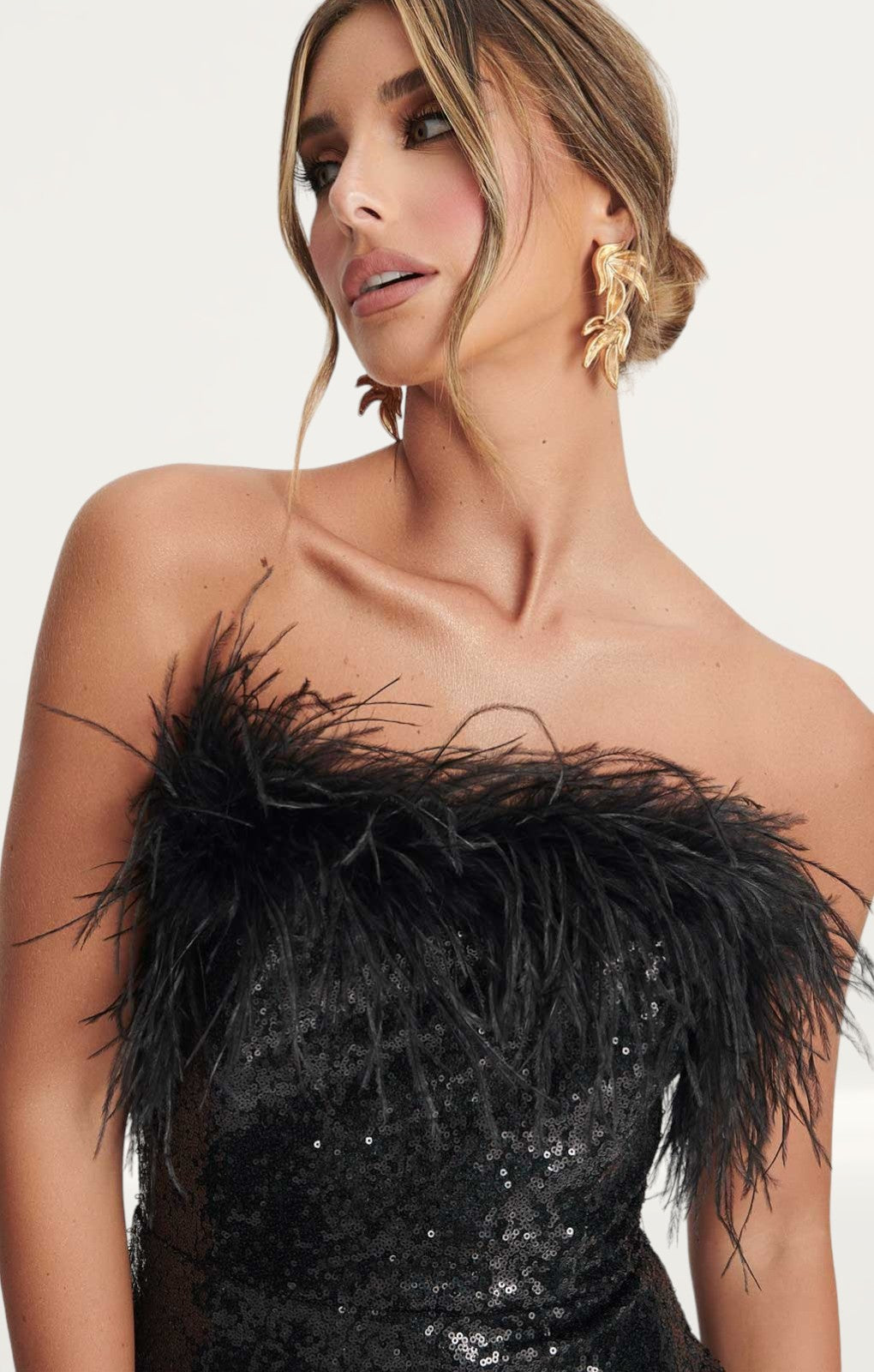 Lavish Alice Bandeau Midi Dress with Feather Trim in Black Sequin